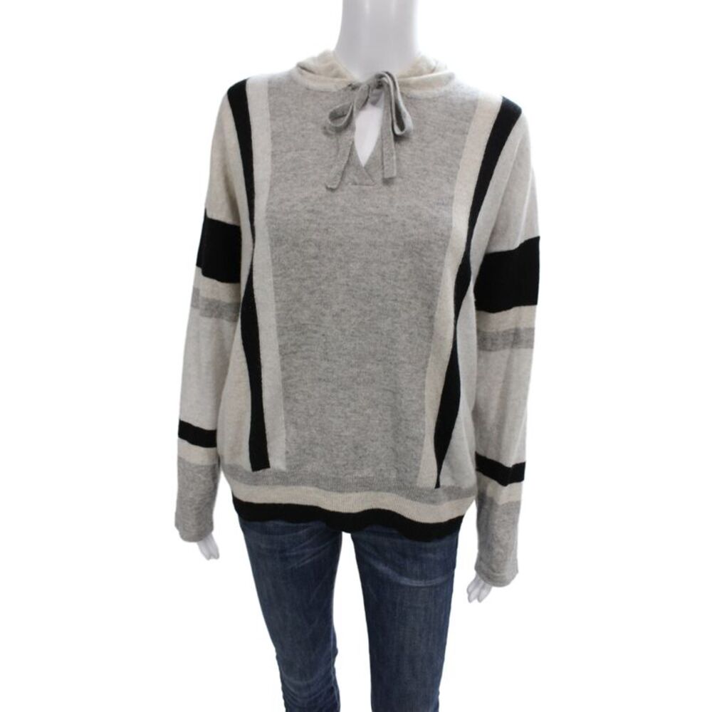 Autumn Cashmere Women Black Striped Pullover Hoodie 100% Cashmere Size M